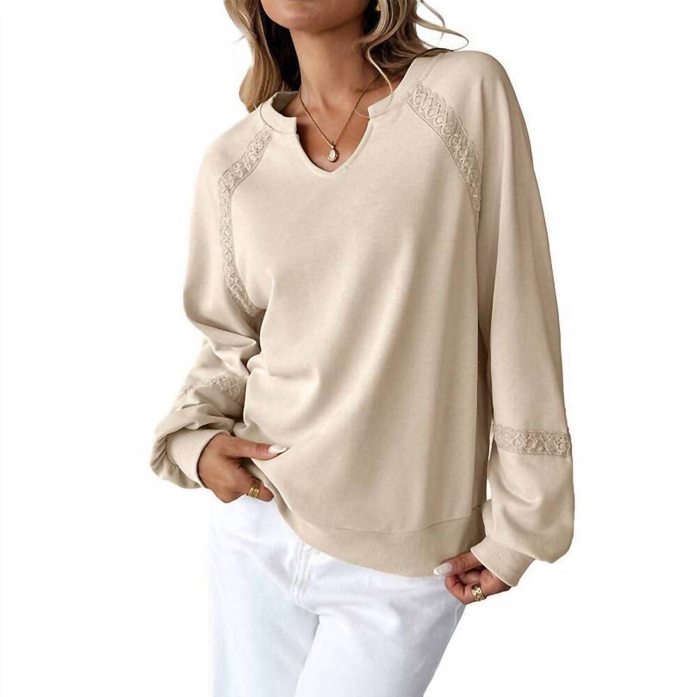 NEW ANNA-KACI lace trim long sleeve knit sweatshirt in beige